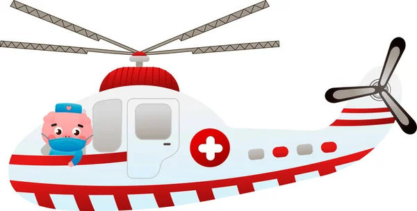 可爱的猪医生驾驶救护车直升机 紧急情况下的动物 医院治疗 医药与健康主题卡通风格 — 图库矢量图片