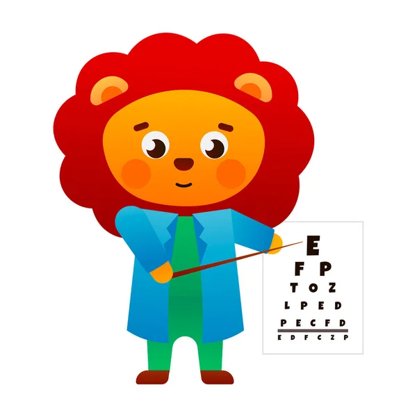 stock vector Cute lion doctor check sight of the patient,ophthalmologist illustration for kids, health and animal medicine theme