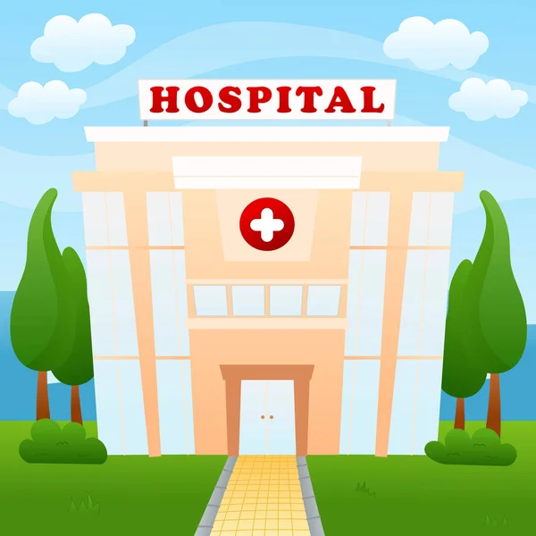 Hastane binasının dış yüzeyi ve şehir manzarası ile ilgili tıbbi konsept poster tasarımı veya baskısı için karikatür tarzı