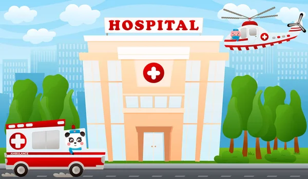 都市景観と医療輸送と病院の建物の外観と医療の概念 救急車 ポスターデザインや印刷のための漫画スタイルでヘリコプター — ストックベクタ