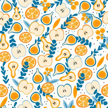 Beyaz arka planda izole edilmiş incir ve elmalar, portakal ve armutlar, baskı ve duvar kağıdı için rahat desen