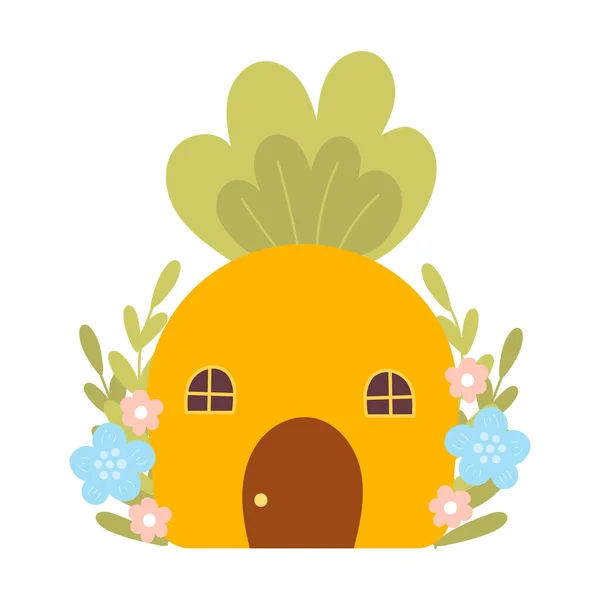 Cute carrot house in scandinavian style for kids illustration, design element for spring themed invitations or gift cards in cartoon style