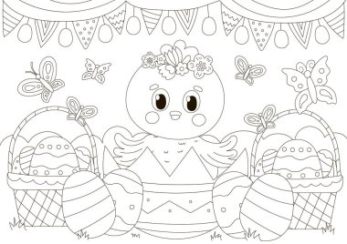 Cute coloring page for easter holidays with chick character in egg shell and baskets with eggs and flowers in scandinavian style, printable game for kids, black and white doodle for children