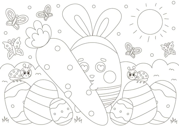 Cute Coloring Page Easter Holidays Buuny Character Holding Giant Carrot Vektorgrafiken