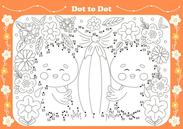 Cute dot to dot game for kids with easter theamed character - chicks with egg. Printable worksheet for children, educational coloring book