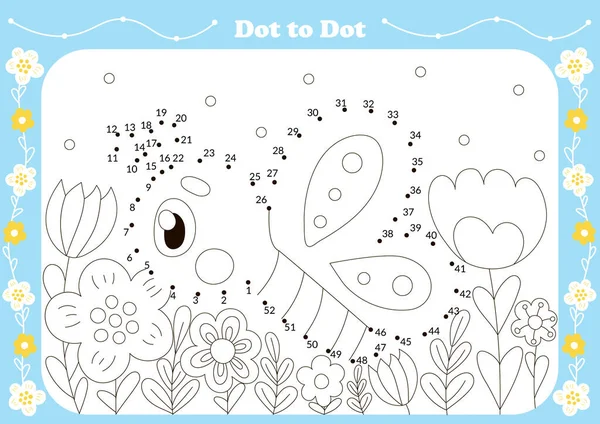 Cute dot to dot game for kids with insect theamed character - butterfly and flowers. Printable worksheet for children, educational coloring book