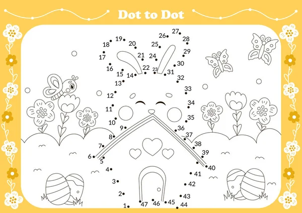 Cute dot to dot game for kids with easter theamed character - bunny with butterflies and flowers. Printable worksheet for children, educational coloring book