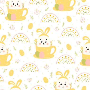 Cute Easter seamless pattern with bunny in cup with flowers, rainbows and eggs on white background. Ornament for print, textile or wrapping paper in childish style