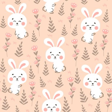 Cute rabbit themed seamless pattern with bunny character and flowers on light background. Ornament for print, textile or wrapping paper in childish style