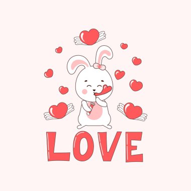 Love greeting card with cute bunny character and flying hearts around in doodle style. Printable card for valentine day