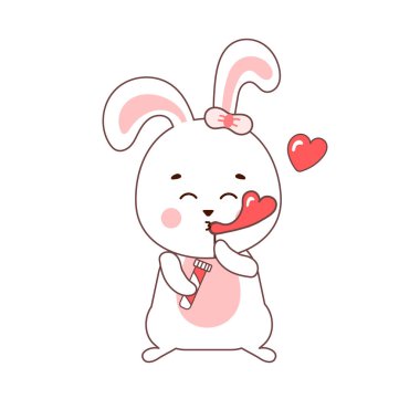 Cute rabbit character blowing heart shaped bubbles, illustration for Valentines day in cartoon style, lovely animal for love cards