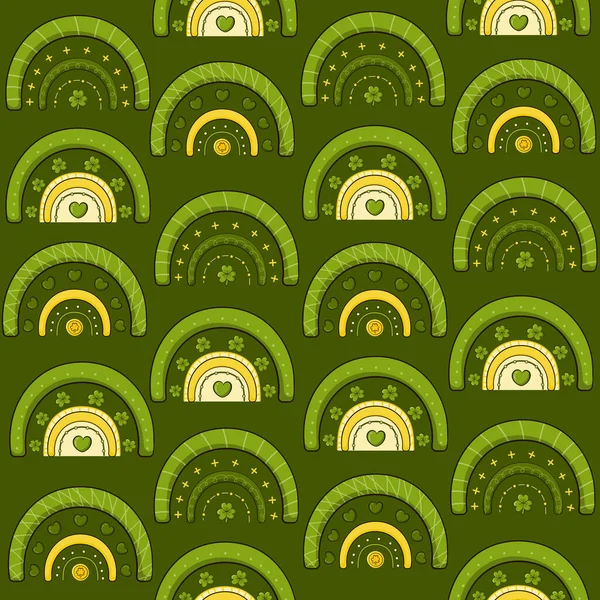 St Patricks Day pattern with green boho style rainbows for greeting card design, print or textile with shamrocks and hearts in cartoon style