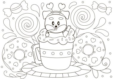 Tatlı renkli rehber köpek fincanda ve tatlı, çocuklar için basılabilir oyun, çocuklar için siyah beyaz karalama