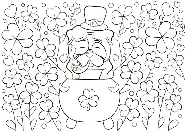 Cute Página Para Colorir Patricks Dia Com Personagem Pug Chapéu —  Vetores de Stock