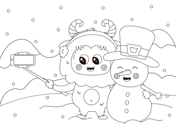 Şirin Yeti Karakterli Komik Renkli Sayfa Özçekim Çubuğu Kardan Adamla — Stok Vektör