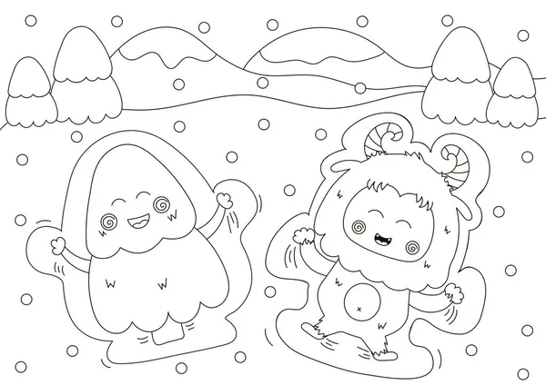 Lustige Malseite Mit Niedlichen Yeti Figuren Und Weihnachtsbaumfiguren Die Schnee — Stockvektor
