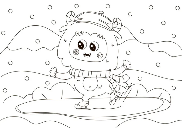 Engraçado Colorir Página Com Bonito Yeti Personagem Patinação Gelo Inverno —  Vetores de Stock