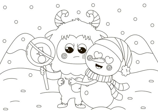 Komik Boyama Sayfası Sevimli Kızgın Yeti Karakteri Tabela Tutuyor Kardan — Stok Vektör