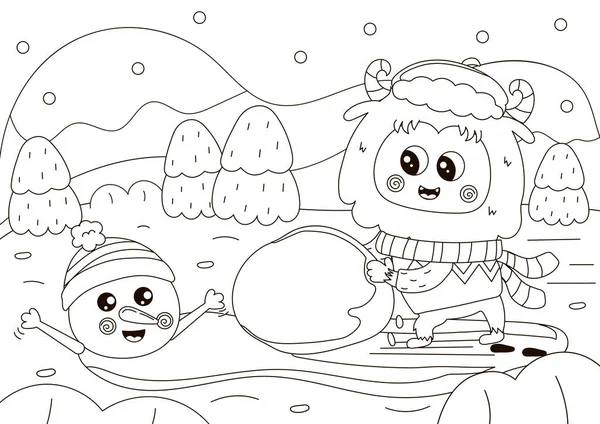 Αστεία Χρωματισμός Σελίδα Χαριτωμένο Χαρακτήρα Yeti Κάνοντας Χιονάνθρωπο Χειμώνα Θέμα — Διανυσματικό Αρχείο