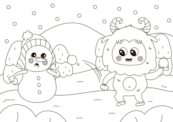 Αστεία Σελίδα Χρωματισμού Χαριτωμένο Χαρακτήρα Yeti Και Χιονάνθρωπος Παίζει Χιονοπόλεμο — Διανυσματικό Αρχείο