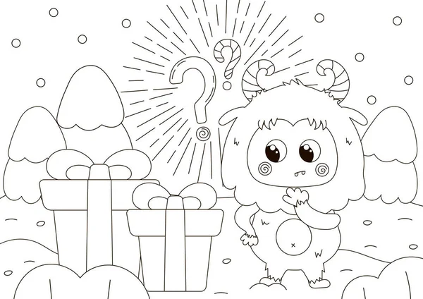 Αστεία Σελίδα Χρωματισμού Χαριτωμένο Χαρακτήρα Yeti Σύγχυση Είναι Μέσα Giftbox — Διανυσματικό Αρχείο