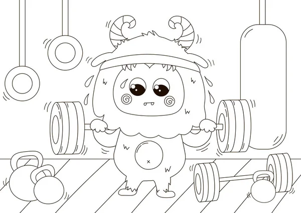 Lustige Malseite Mit Süßem Yeti Charakter Workout Der Turnhalle Übungen — Stockvektor