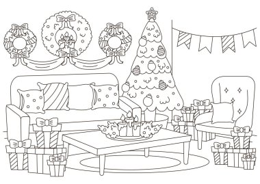 Çocuklar ve yetişkinler için Noel ağacı, masa ve tatil çelengi boyama sayfası, baskılar ve web için yeni yıl temalı taslak sanat