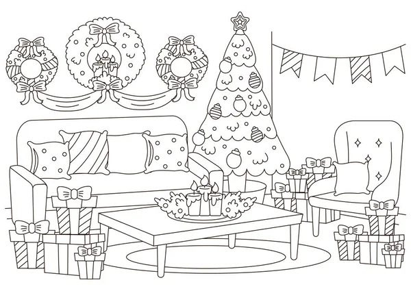 Weihnachten Innenraum Wohnzimmer Mit Weihnachtsbaum Tisch Und Feiertagskranz Malseite Für — Stockvektor