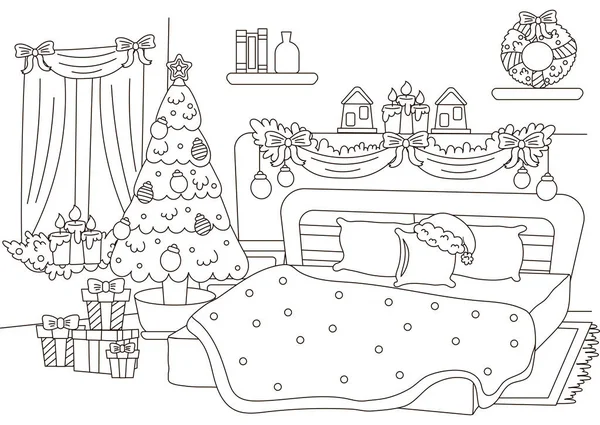 Interior Interior Navidad Del Dormitorio Con Árbol Navidad Decoraciones Página — Vector de stock