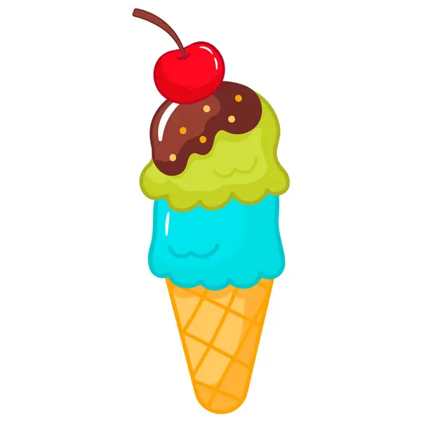 夏のためのチェリー漫画とコーンで美味しいアイスクリーム テーマのグリーティングカードやデザイン 冷凍デザートオブジェクト 子供のための甘いジェラート — ストックベクタ