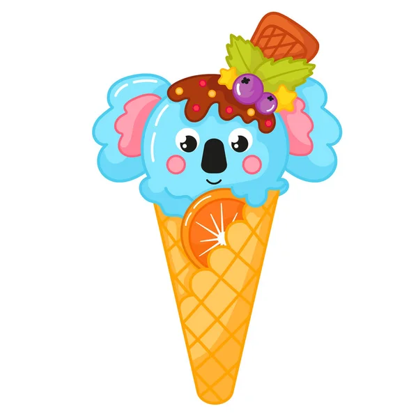 Вкусное Мороженое Форме Кавайи Коалы Рожке Шоколадной Батончиком Ягодной Карикатурой — стоковый вектор