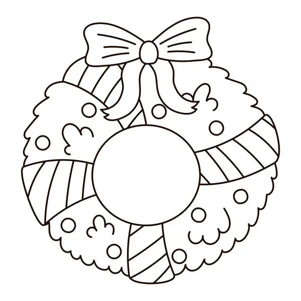 Weihnachtstürkranz Mit Schleife Ausmalseite Für Kinder Feiertagsthematisches Schwarz Weißes Dekorationselement Stockvektor