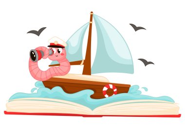 Okyanusu keşfeden sevimli çizgi film karakteri, küçük solucan yüzücü yelkenli, kawaii maskotuyla kitap konsepti okuyor. 