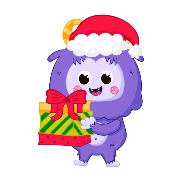 Niedliche Yeti Figur Mit Weihnachtsmütze Mit Weihnachtsgeschenkschachteln Cartoon Stil Winterurlaub — Stockvektor