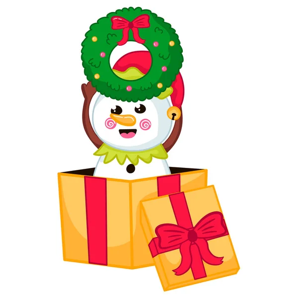 Cute Snowman Character Elf Costume Holding Christmas Wreath Sitting Gift — Stock Vector