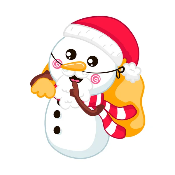 Niedliche Schneemannfigur Weihnachtsmann Kostüm Mit Weihnachtstasche Und Geschenkschachteln Cartoon Stil — Stockvektor
