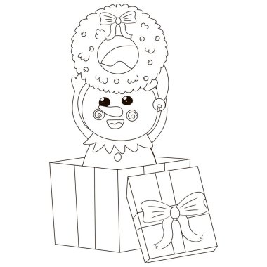 Kawaii Noel Kardan Adam 'ın hediye kutusunda çocuklar için basılabilir Noel çelengi çizelgesiyle oturduğu sevimli boyama sayfası, siyah beyaz arka plan