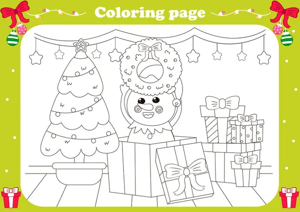 Cute Coloring Page Kawaii Snowman Sitting Gift Box Holding Christmas — Stock Vector