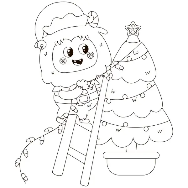 Niedliche Malseite Mit Kawaii Weihnachtsfigur Yeti Elfenkostüm Dekoriert Weihnachtsbaum Mit — Stockvektor