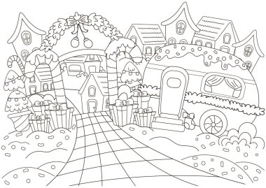 Evleri olan çocuklar ve yetişkinler için Noel şehri boyama sayfası ve Noel ağacı ve şekerli kamp aracı, kartpostal tasarımı için yeni yıl temalı taslak sanat, kış tatili basılabilir etkinliği