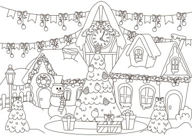 Noel ağacı ve hediyeleri olan Noel kasabası, Kardan Adam karakteri ve çocuklar ve yetişkinler için şekerleme boyama sayfası, kartpostal tasarımı için yeni yıl temalı taslak sanat, kış tatili basılabilir etkinliği