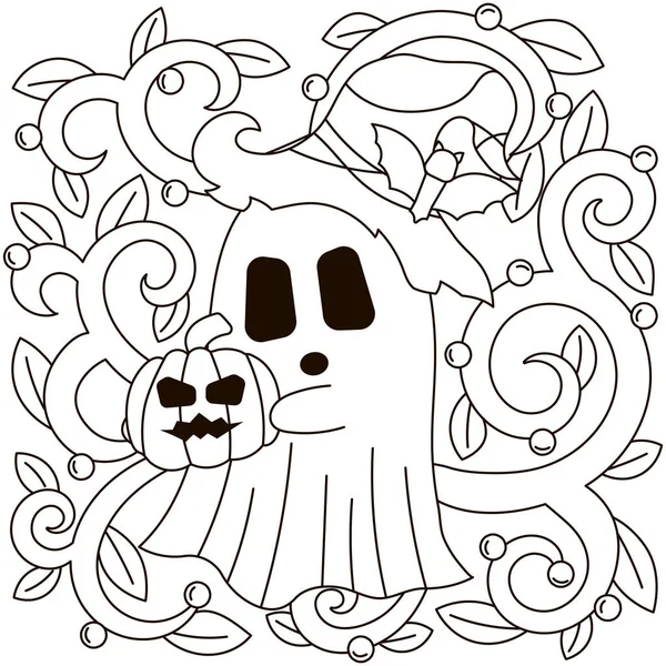 Halloween Cozy Coloring Page Ghost Character Holding Pumpkin Leaves Kids — Stock Vector