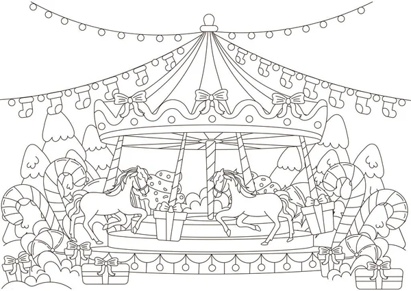 Christmas Coloring Page Merry Carousel Christmas Decorations Trees Kids Adults — Stock Vector