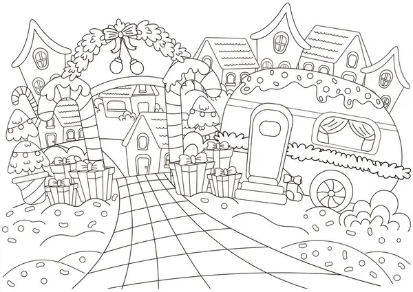 Evleri olan çocuklar ve yetişkinler için Noel şehri boyama sayfası ve Noel ağacı ve şekerli kamp aracı, kartpostal tasarımı için yeni yıl temalı taslak sanat, kış tatili basılabilir etkinliği