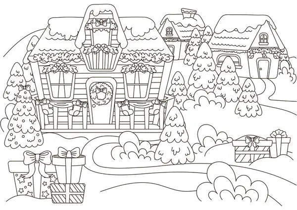 Çocuklar ve yetişkinler için Noel köyü boyama sayfası hediyeler ve Noel ağacı ve çelengi, kartpostal tasarımı için yeni yıl temalı taslak sanat, kış tatili basılabilir etkinliği