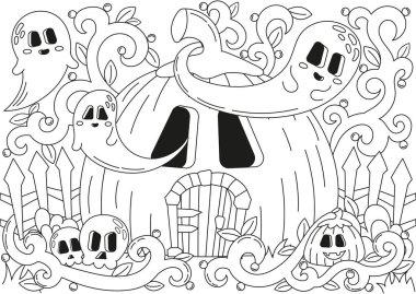 Cadılar Bayramı 'nda çocuklar ve yetişkinler için balkabağı şekilli evler ve etrafta uçuşan hayaletler, kartpostal tasarımı için sonbahar temalı taslak sanat eserleri