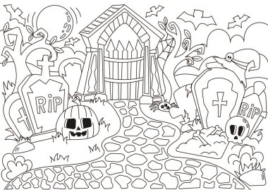 Cadılar Bayramı kabak ve kafatası karakterli rahat mezarlık, çocuklar ve yetişkinler için ürkütücü mezar boyama sayfası, kartpostal tasarımı için sonbahar temalı taslak sanat.