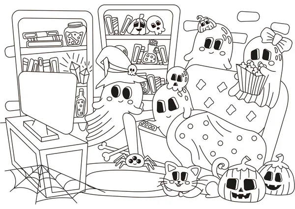 Cadılar Bayramı odasının içinde korku filmleri izleyen hayalet karakterlerle dolu, ürkütücü aile tatilini kutluyor, çocuklar ve yetişkinler için boyama sayfası, sonbahar temalı sanat eseri.