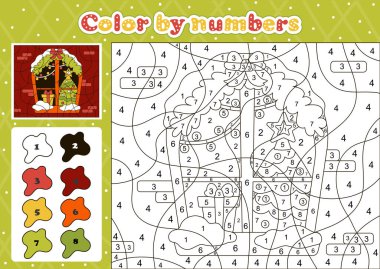 Noel penceresi, Noel ağacı ve hediyeleri olan çocuklar için kış temalı boyama sayfaları karikatür tarzında basılabilir eğitim sayfaları 