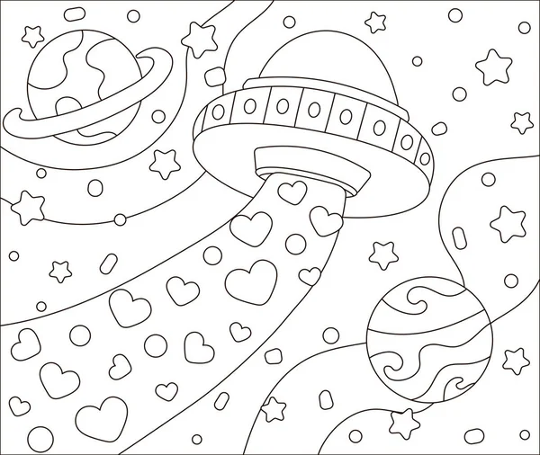 为那些有着可爱的太空飞船的孩子们设计的空间色彩主题页面 这些孩子的心形在夜晚背景下四处飘扬 还有卡通片风格的可打印的教育工作单 免版税图库插图
